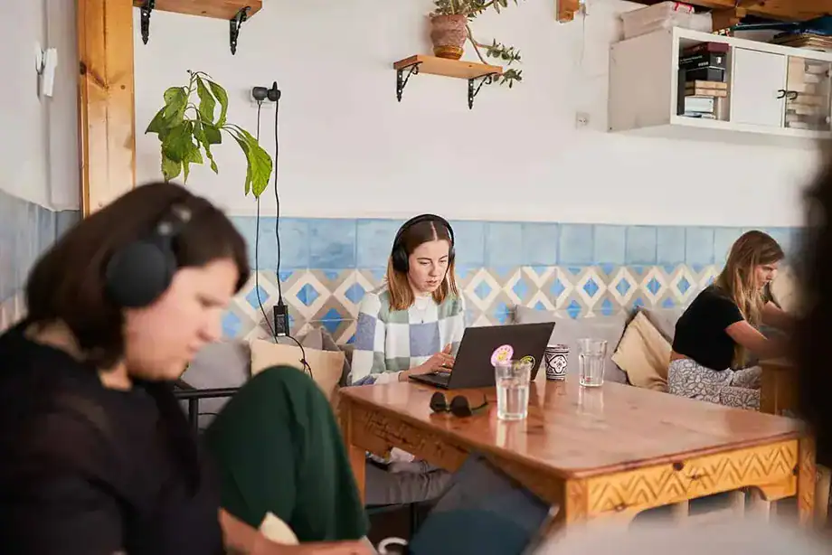 A cozy cowork setting with individuals working on laptops, surrounded by plants and decorative shelves at Sundesk in Taghazout.