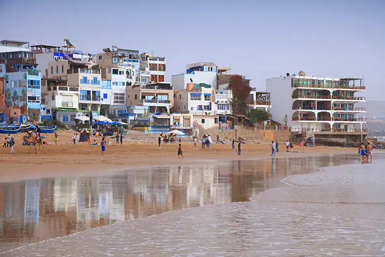 Houses and the beach in Taghazout.